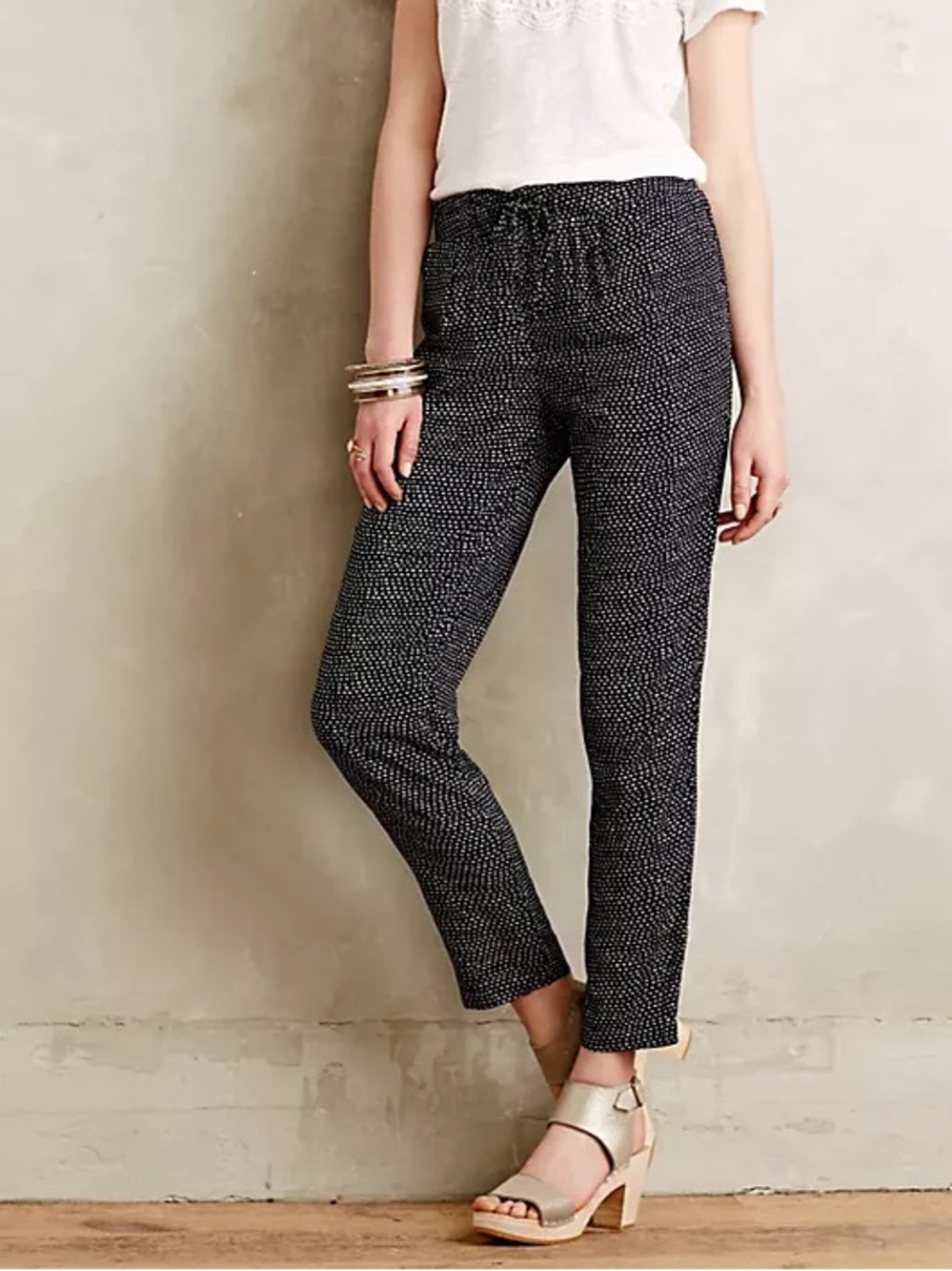 Anthropologie Lilka Drawstring Ankle Pants in Black Dot Print